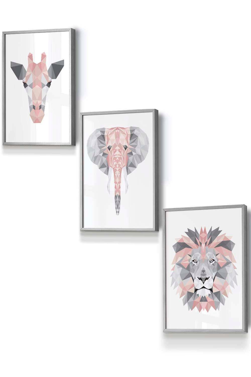Geometric Pink Grey Jungle Animal Heads Framed Wall Art - Small